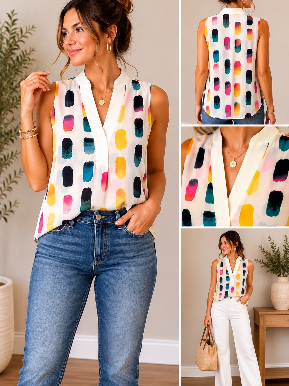 Gibson Latimer Sleeveless Brushstroke Blouse Size Small Colorful Abstract Print